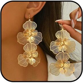 Gold Flower Earrings for Women Floral Boho Statement Dangle Earrings Vintage Lightweight Petal Drop Earrings Prom Wedding Jewelry Gift in Saudi Arabia