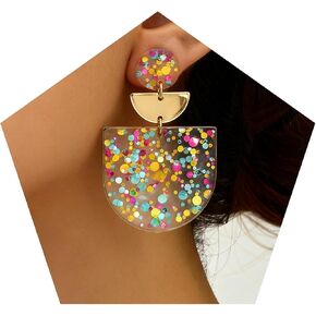 Women's Multicolor Confetti Acrylic Earrings - Boho Geometric Half Moon Dangle Earrings, Funky Neon Sparkly Statement Earrings for Summer Party & Daily Wear in Saudi Arabia