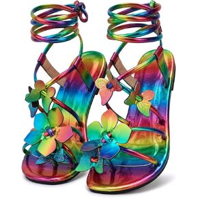 Women's Rainbow Strappy Sandals Butterfly Flower Lace Up Flat Summer Beach Shoes Comfortable Non-Slip Round Toe Chic in Saudi Arabia