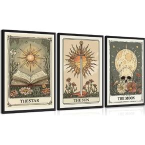 MJVCFWNS 3Pcs Tarot Card Wall Art Boho Celestial Bodies Sun Moon Star Painting Picture Wall Decor Vintage Skull Book Flowers Sword Poster Printing Artwork for Living Room Bedroom Office Home Decor in Saudi Arabia