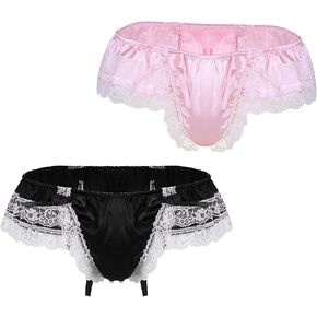 Femboy Men's Sexy Sissy Frilly Lingerie Low Rise Lace T-Back Thong Satin Underwear with Large Bow Accent in Saudi Arabia