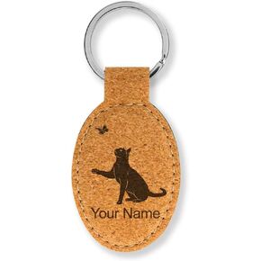 LaserGram Oval Keychain, Cat with Butterfly, Personalized Engraving Included in Saudi Arabia