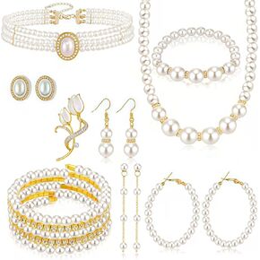 9 Pcs Pearl Jewelry Set for Women - Vintage Layered Faux Pearl beaded Necklace Earrings Bracelet Brooches Set for Bridal Wedding Prom Birthday Tea Party in Saudi Arabia