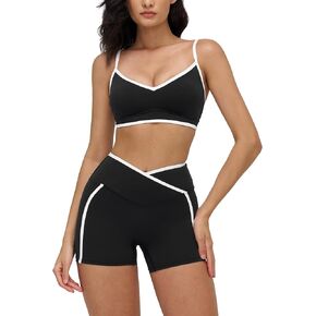 2 Piece Workout Sets for Women Seamless High Waist Scrunch Butt Yoga Shorts Contrast Panel Sports Bra Outfits in Saudi Arabia