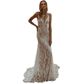 Bohemian Beach Wedding Dress Spaghetti Straps Lace Mermaid Bridal Gown with Train Ourtdoor Reception 2026 in Saudi Arabia
