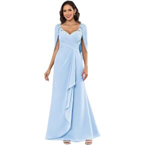 Lace Mother of The Bride Dresses with Cape Sleeves Chiffon Pleated Long Formal Evening Gown in Saudi Arabia
