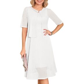 Dressystar 2 Piece Mother of Bride Dress Set Women’s A Line Lace Dresses with Jacket Short Sleeves Midi Wedding Guest Outfit in Kuwait