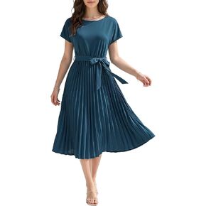 SUNSTORY Women's Burgundy Midi Dress: 2026 Short Sleeve Tie Waist Pleated Flowy Summer Dress with Belt in Saudi Arabia