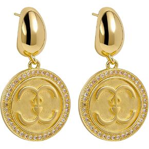 14K Gold Plated Double C Logo Drop Earrings for Women, Sparkling Cubic Zirconia Paved Round Dangle Earrings, Luxury Statement Jewelry for Wedding Party Gift in Saudi Arabia