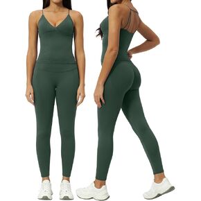 Meyeeka Women 2 Piece Workout Sets Ribbed V Neck Spaghetti Straps Padded Tank Tummy Control High Waist Yoga Leggings in Saudi Arabia