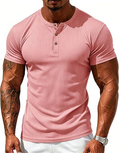 Men's Henley T Shirts, 3-Button Striped Tees with Stretch, Casual Summer Tops, Quick Dry for Hiking, Gym & Workout in Saudi Arabia