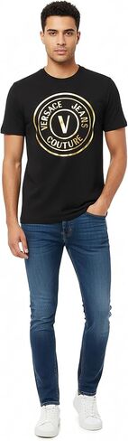 تي شيرت VERSACE JEANS COUTURE باللون الأسود/الذهبي للرجال كبير الحجم مطبوع عليه شعار in Kuwait