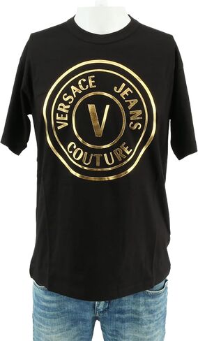 تي شيرت VERSACE JEANS COUTURE باللون الأسود/الذهبي للرجال كبير الحجم مطبوع عليه شعار in Kuwait