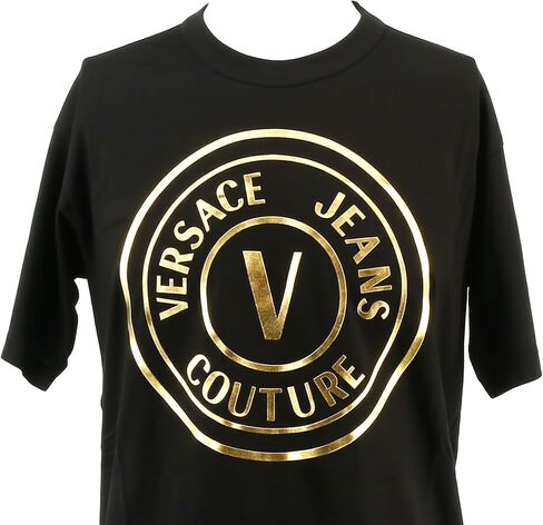 تي شيرت VERSACE JEANS COUTURE باللون الأسود/الذهبي للرجال كبير الحجم مطبوع عليه شعار in Kuwait