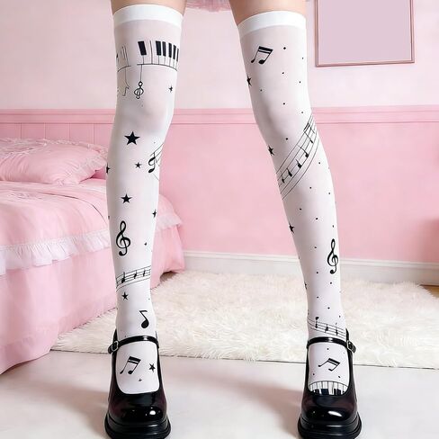 Whimsical Music Note Patterned Thigh High Socks – Over Knee Stockings for Women, Y2K and Lolita Accessories in Saudi Arabia