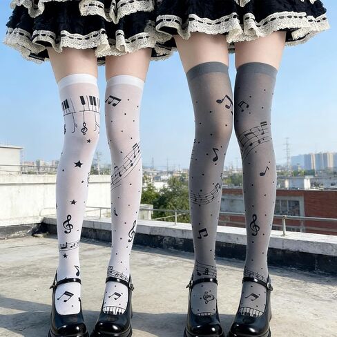 Whimsical Music Note Patterned Thigh High Socks – Over Knee Stockings for Women, Y2K and Lolita Accessories in Saudi Arabia
