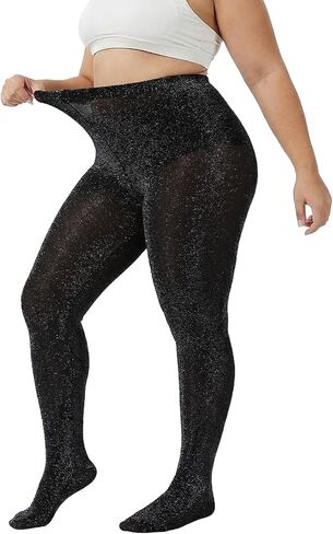 Telooco Women's Plus Size Sparkly Metallic Shimmer Tights, 20D High Waist Glitter Tights Pantyhose for Party (Black) in Kuwait