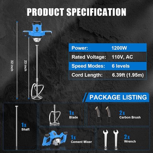AZZUNO Cement Mixer Electric Concrete Mixer Machine 110V Handheld Mud Mixer with 6 Adjustable Speed, Portable Mortar Mixer for Mixing Concrete, Cement, Mud, Mortar, Putty, Paint in Kuwait