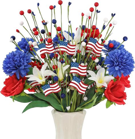 4 Pcs 4th of July Patriotic Decorations Table Centerpieces, 17.7in Red White and Blue Flower Berry Stem Picks Artificial, Memorial Independence Day Flower Decor for Home Party Supplies Vase Filler in Saudi Arabia