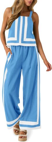Tankaneo Womens 2 Piece Lounge Set Summer Casual Color Block Cami Top Wide Leg Pants Set Beach Vacation Outfits in Kuwait