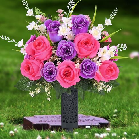 MARTINE MALL 2 Sets Artificial Cemetery Flowers for Grave, Realistic Grave Flowers for Cemetery UV Resistant Memorial Day Flowers Silk Rose Flower with Vase for Cemetery Decorations (Colorful) in Saudi Arabia