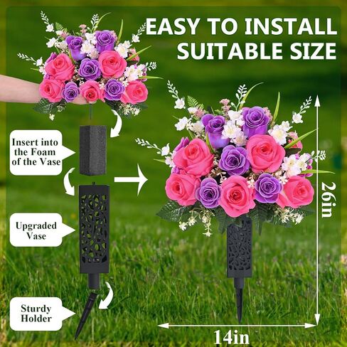 MARTINE MALL 2 Sets Artificial Cemetery Flowers for Grave, Realistic Grave Flowers for Cemetery UV Resistant Memorial Day Flowers Silk Rose Flower with Vase for Cemetery Decorations (Colorful) in Saudi Arabia