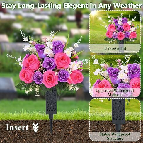 MARTINE MALL 2 Sets Artificial Cemetery Flowers for Grave, Realistic Grave Flowers for Cemetery UV Resistant Memorial Day Flowers Silk Rose Flower with Vase for Cemetery Decorations (Colorful) in Saudi Arabia