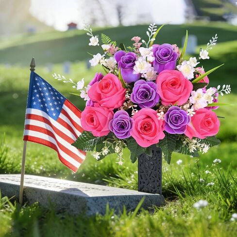 MARTINE MALL 2 Sets Artificial Cemetery Flowers for Grave, Realistic Grave Flowers for Cemetery UV Resistant Memorial Day Flowers Silk Rose Flower with Vase for Cemetery Decorations (Colorful) in Saudi Arabia