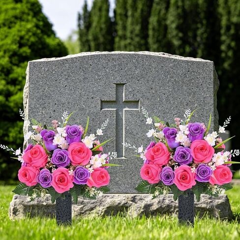 MARTINE MALL 2 Sets Artificial Cemetery Flowers for Grave, Realistic Grave Flowers for Cemetery UV Resistant Memorial Day Flowers Silk Rose Flower with Vase for Cemetery Decorations (Colorful) in Saudi Arabia