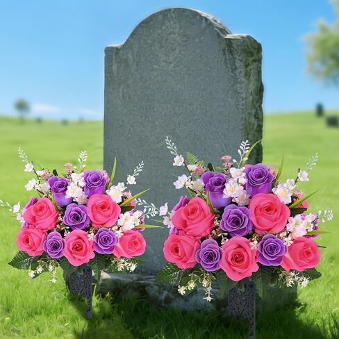 MARTINE MALL 2 Sets Artificial Cemetery Flowers for Grave, Realistic Grave Flowers for Cemetery UV Resistant Memorial Day Flowers Silk Rose Flower with Vase for Cemetery Decorations (Colorful) in Saudi Arabia