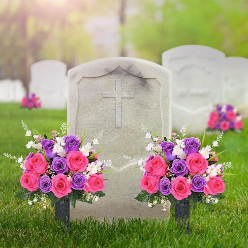 MARTINE MALL 2 Sets Artificial Cemetery Flowers for Grave, Realistic Grave Flowers for Cemetery UV Resistant Memorial Day Flowers Silk Rose Flower with Vase for Cemetery Decorations (Colorful) in Saudi Arabia