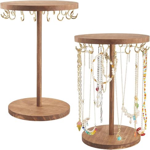 Wooden Rotating Necklace Holder, Rustic Wood Jewelry Display Stand Jewelry Organizer with 18Pcs Golden Metal Hooks for Shows Necklaces Bracelets Keychains Hair Accessories Selling Home in Saudi Arabia