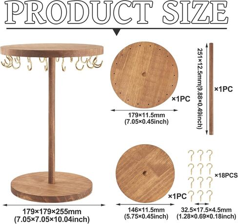 Wooden Rotating Necklace Holder, Rustic Wood Jewelry Display Stand Jewelry Organizer with 18Pcs Golden Metal Hooks for Shows Necklaces Bracelets Keychains Hair Accessories Selling Home in Saudi Arabia
