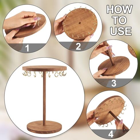 Wooden Rotating Necklace Holder, Rustic Wood Jewelry Display Stand Jewelry Organizer with 18Pcs Golden Metal Hooks for Shows Necklaces Bracelets Keychains Hair Accessories Selling Home in Saudi Arabia