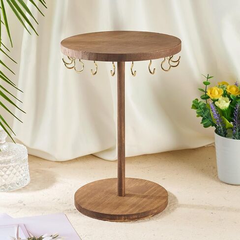 Wooden Rotating Necklace Holder, Rustic Wood Jewelry Display Stand Jewelry Organizer with 18Pcs Golden Metal Hooks for Shows Necklaces Bracelets Keychains Hair Accessories Selling Home in Saudi Arabia