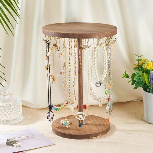 Wooden Rotating Necklace Holder, Rustic Wood Jewelry Display Stand Jewelry Organizer with 18Pcs Golden Metal Hooks for Shows Necklaces Bracelets Keychains Hair Accessories Selling Home in Saudi Arabia