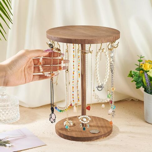 Wooden Rotating Necklace Holder, Rustic Wood Jewelry Display Stand Jewelry Organizer with 18Pcs Golden Metal Hooks for Shows Necklaces Bracelets Keychains Hair Accessories Selling Home in Saudi Arabia