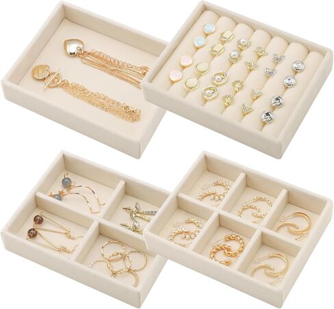 Ewen 4 Pack Mini Stackable Jewelry Display and Storage Trays in 4 Different Layouts, 4.72x3.74x0.98in Velvet Cases for Drawers Inserts, Storage and Organization Tray of Earring Necklace Rings, Beige in Saudi Arabia