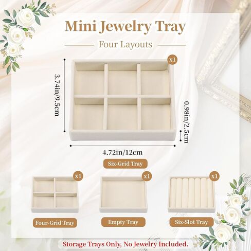Ewen 4 Pack Mini Stackable Jewelry Display and Storage Trays in 4 Different Layouts, 4.72x3.74x0.98in Velvet Cases for Drawers Inserts, Storage and Organization Tray of Earring Necklace Rings, Beige in Saudi Arabia