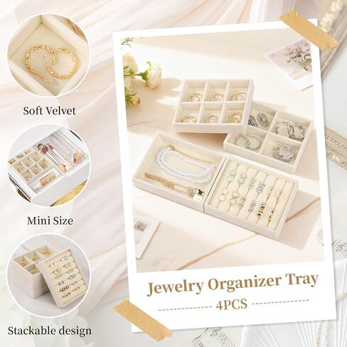 Ewen 4 Pack Mini Stackable Jewelry Display and Storage Trays in 4 Different Layouts, 4.72x3.74x0.98in Velvet Cases for Drawers Inserts, Storage and Organization Tray of Earring Necklace Rings, Beige in Saudi Arabia