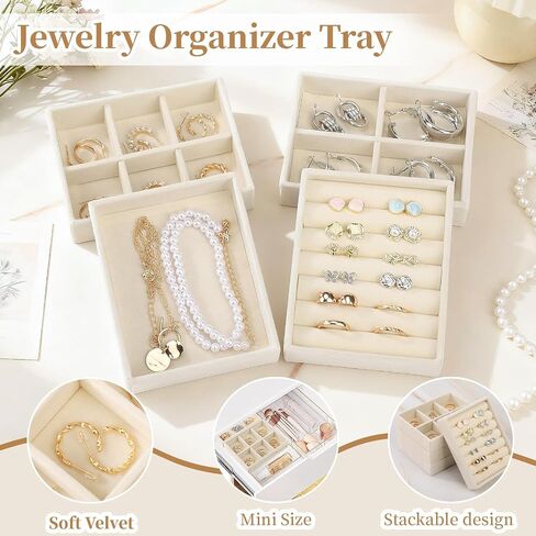 Ewen 4 Pack Mini Stackable Jewelry Display and Storage Trays in 4 Different Layouts, 4.72x3.74x0.98in Velvet Cases for Drawers Inserts, Storage and Organization Tray of Earring Necklace Rings, Beige in Saudi Arabia