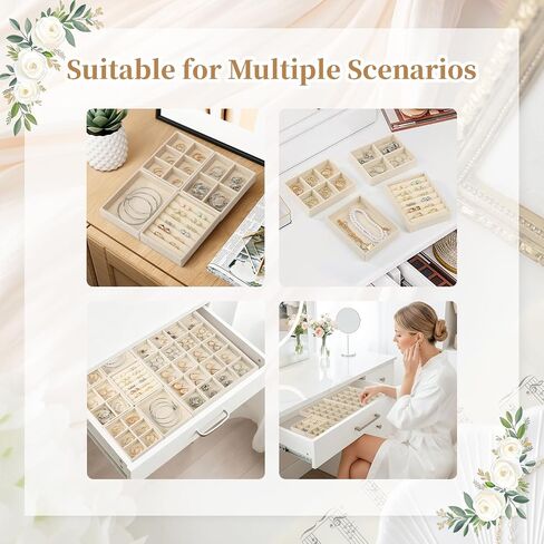 Ewen 4 Pack Mini Stackable Jewelry Display and Storage Trays in 4 Different Layouts, 4.72x3.74x0.98in Velvet Cases for Drawers Inserts, Storage and Organization Tray of Earring Necklace Rings, Beige in Saudi Arabia
