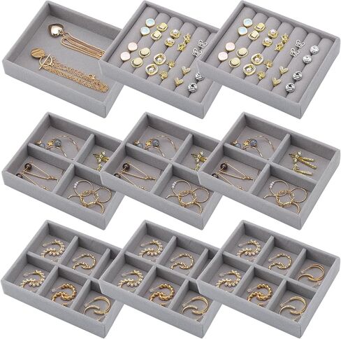 Ewen 4 Pack Mini Stackable Jewelry Display and Storage Trays in 4 Different Layouts, 4.72x3.74x0.98in Velvet Cases for Drawers Inserts, Storage and Organization Tray of Earring Necklace Rings, Beige in Saudi Arabia