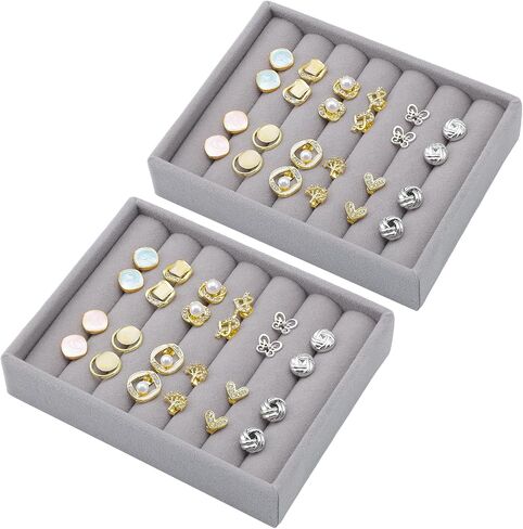 Ewen 4 Pack Mini Stackable Jewelry Display and Storage Trays in 4 Different Layouts, 4.72x3.74x0.98in Velvet Cases for Drawers Inserts, Storage and Organization Tray of Earring Necklace Rings, Beige in Saudi Arabia