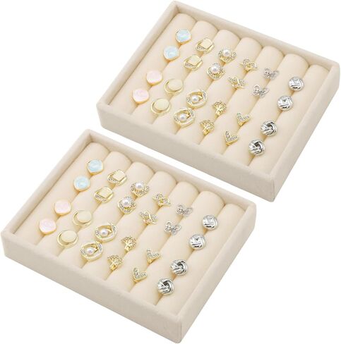 Ewen 4 Pack Mini Stackable Jewelry Display and Storage Trays in 4 Different Layouts, 4.72x3.74x0.98in Velvet Cases for Drawers Inserts, Storage and Organization Tray of Earring Necklace Rings, Beige in Saudi Arabia