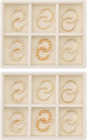 Ewen 4 Pack Mini Stackable Jewelry Display and Storage Trays in 4 Different Layouts, 4.72x3.74x0.98in Velvet Cases for Drawers Inserts, Storage and Organization Tray of Earring Necklace Rings, Beige in Saudi Arabia