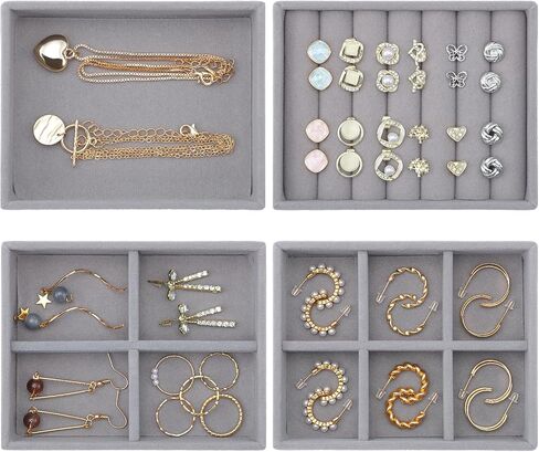 Ewen 4 Pack Mini Stackable Jewelry Display and Storage Trays in 4 Different Layouts, 4.72x3.74x0.98in Velvet Cases for Drawers Inserts, Storage and Organization Tray of Earring Necklace Rings, Beige in Saudi Arabia