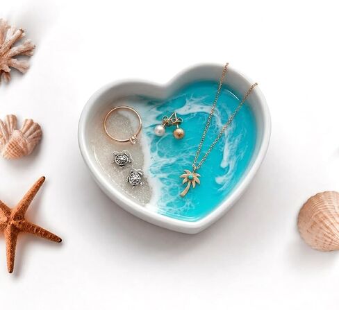Coastal Decor Ring Dish, Handmade Resin Heart Shaped Ocean Trinket Holder with Sea Turtle & Beach Design, Jewelry Storage for Rings Earrings, Great Engagement & Birthday Gifts for Couples & Women in Saudi Arabia