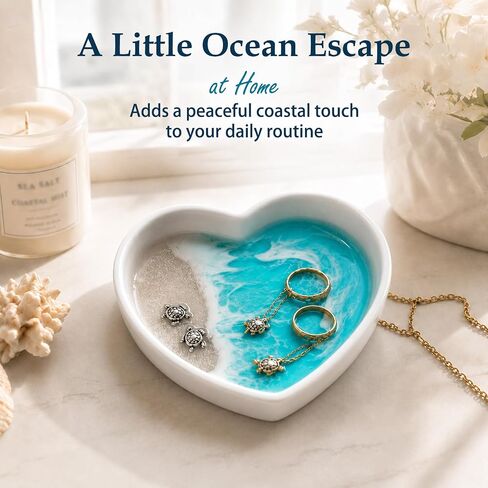 Coastal Decor Ring Dish, Handmade Resin Heart Shaped Ocean Trinket Holder with Sea Turtle & Beach Design, Jewelry Storage for Rings Earrings, Great Engagement & Birthday Gifts for Couples & Women in Saudi Arabia