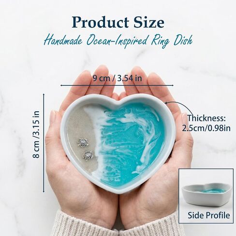 Coastal Decor Ring Dish, Handmade Resin Heart Shaped Ocean Trinket Holder with Sea Turtle & Beach Design, Jewelry Storage for Rings Earrings, Great Engagement & Birthday Gifts for Couples & Women in Saudi Arabia